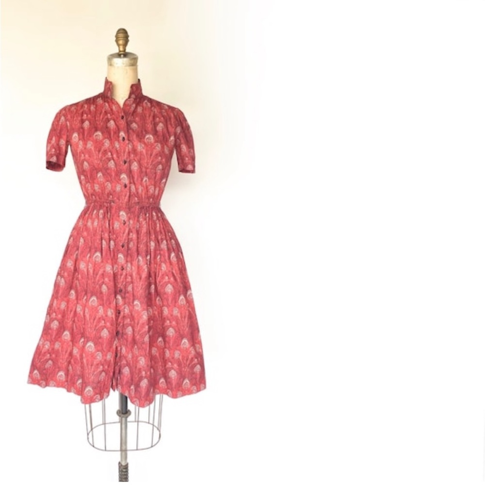 60s red fit and flare peacock dress